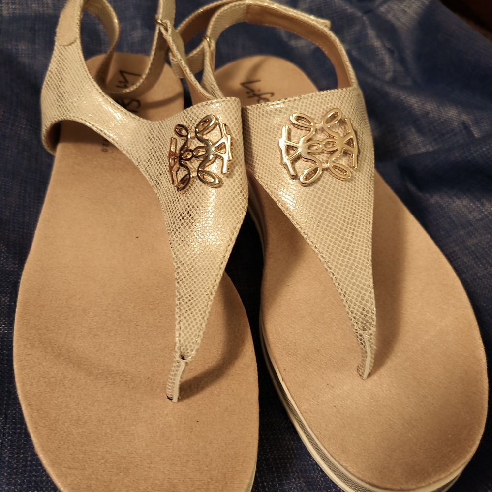 Life Stride Cream and Gold Sandals with Metallic Accent